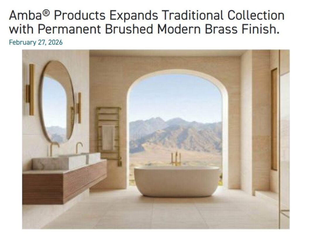 DPHA headline announcing the Traditional collection’s permanent Brushed Modern Brass finish, with the rack in a bathroom.