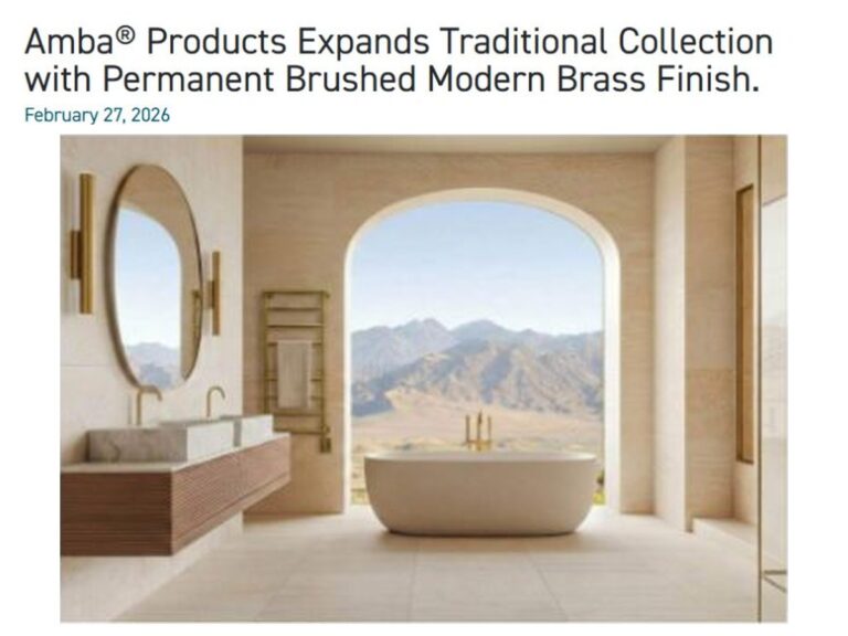 DPHA headline announcing the Traditional collection’s permanent Brushed Modern Brass finish, with the rack in a bathroom.