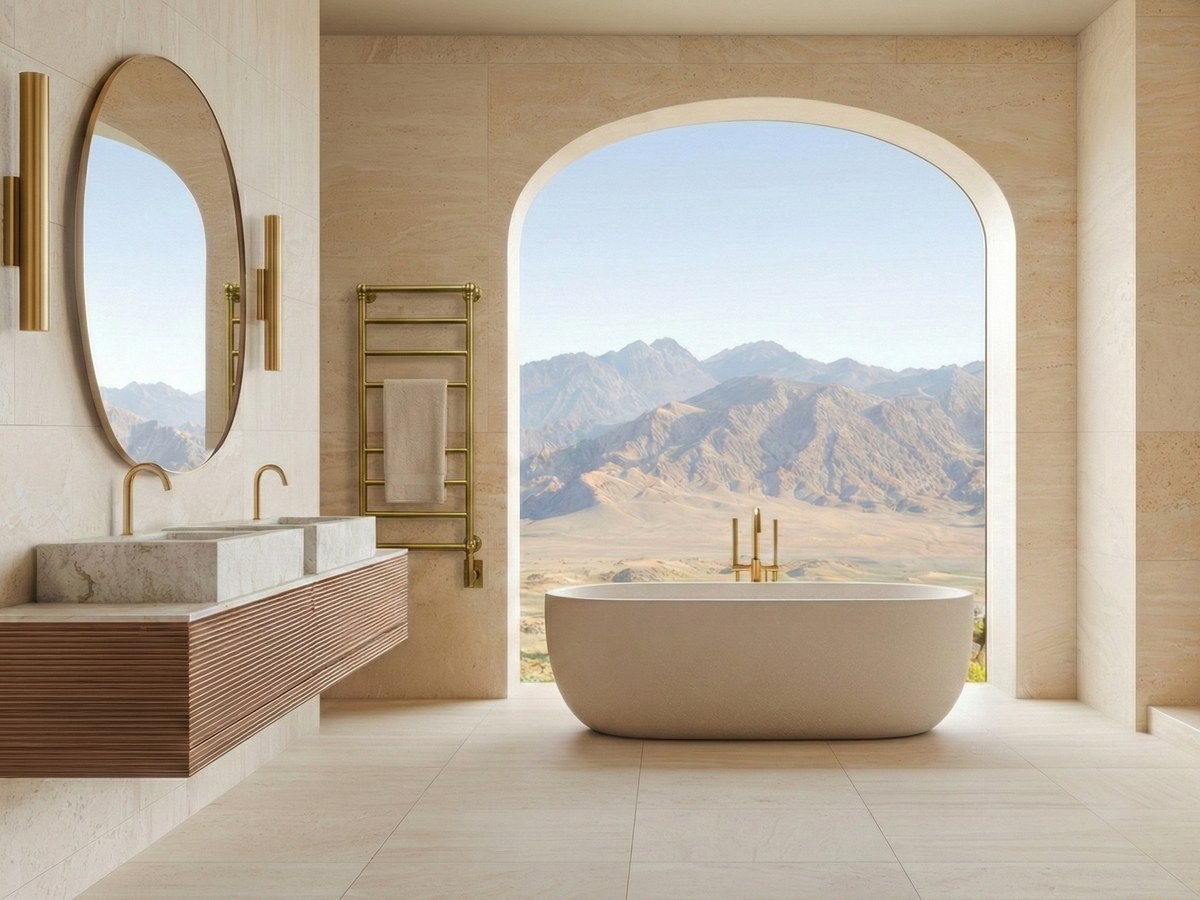 Amba Traditional T-2040 in Brushed Modern Brass beside a stone vanity and freestanding bath.