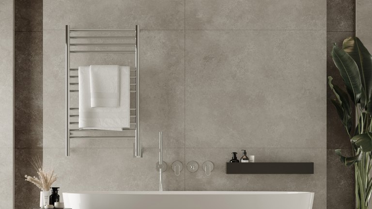 Amba heated towel rack in a bathroom setting