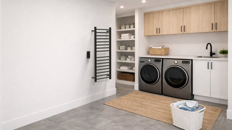 Amba heated towel rack in a laundry room