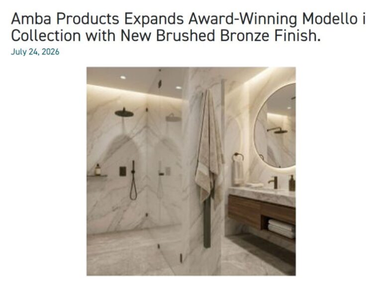 DPHA headline announcing Modello i in Brushed Bronze, above the single-bar Heated Towel Rack in a bathroom.