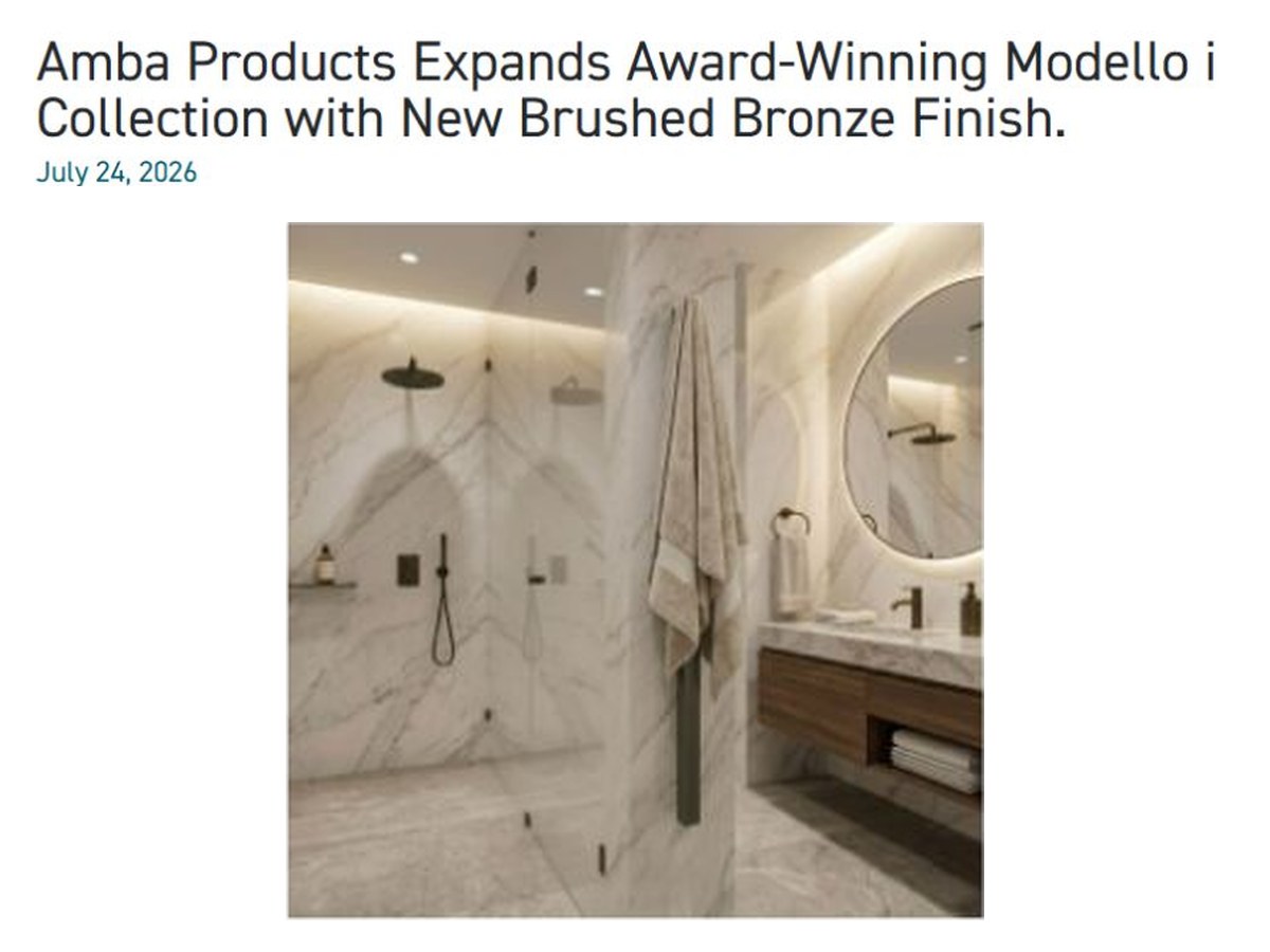 DPHA headline announcing Modello i in Brushed Bronze, above the single-bar Heated Towel Rack in a bathroom.