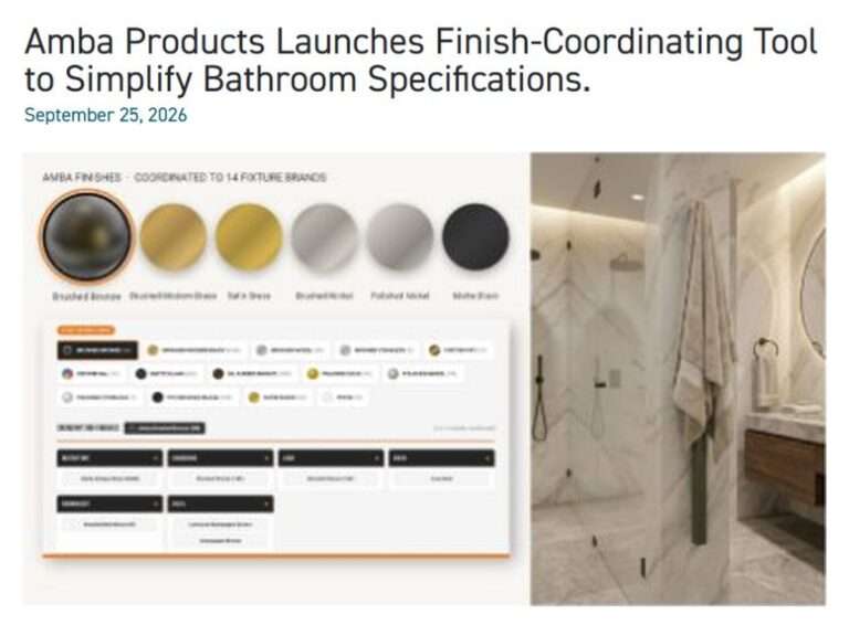 DPHA headline announcing Amba’s Finish-Coordinating Tool, with the tool interface and a Modello i bathroom image.