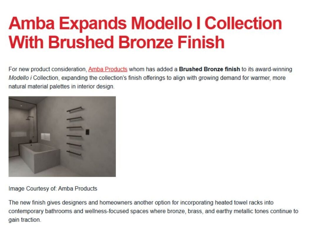 Commercial Construction & Renovation coverage: Amba Expands Modello i Collection With Brushed Bronze Finish.