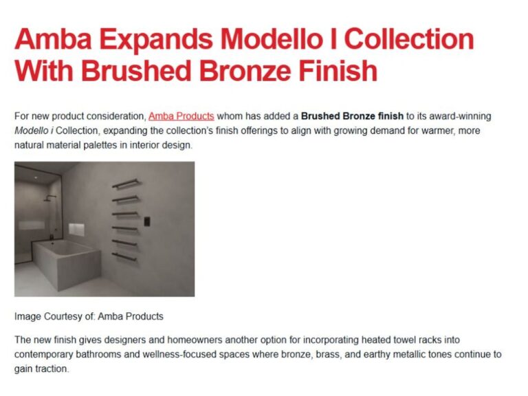 Commercial Construction & Renovation coverage: Amba Expands Modello i Collection With Brushed Bronze Finish.
