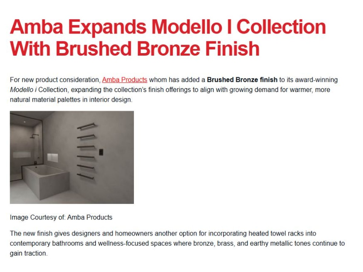 Commercial Construction & Renovation coverage: Amba Expands Modello i Collection With Brushed Bronze Finish.