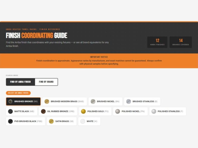 Amba’s Finish Coordinating Guide on ambaproducts.com, showing the finish selector and 12 finish swatches.
